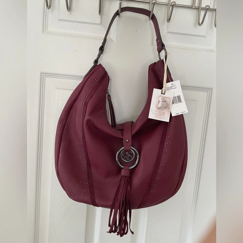 Jessica Simpson Natalie Hobo Bag Burgundy Studded Tassel Shoulder Bag NWT